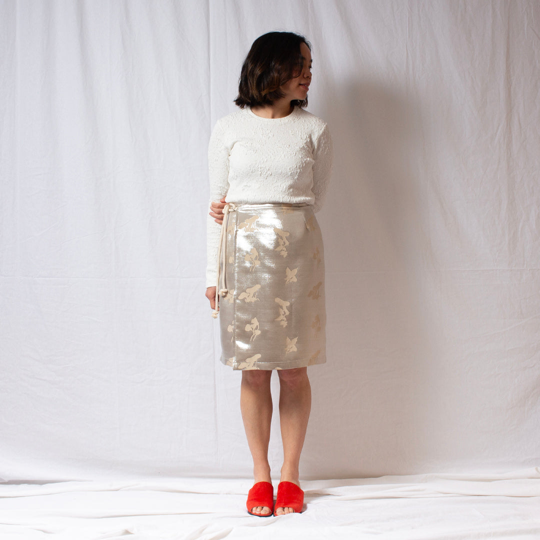 That’s a Wrap Mini metallic silk wrap skirt by Elaine Dee