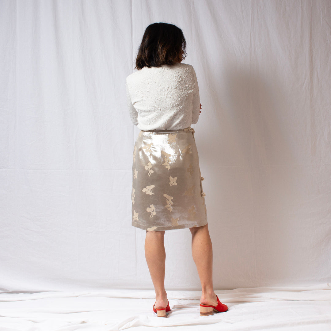 That’s a Wrap Mini adjustable silk wrap skirt in metallic deadstock fabric