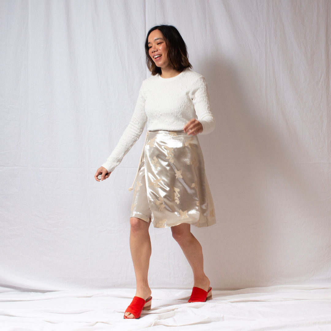 That’s a Wrap Mini metallic silk wrap skirt by Elaine Dee