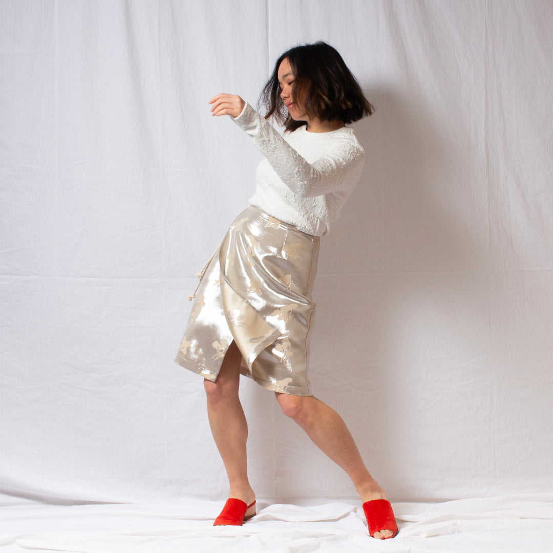 Australian made metallic silk wrap skirt designed and made in Melbourne